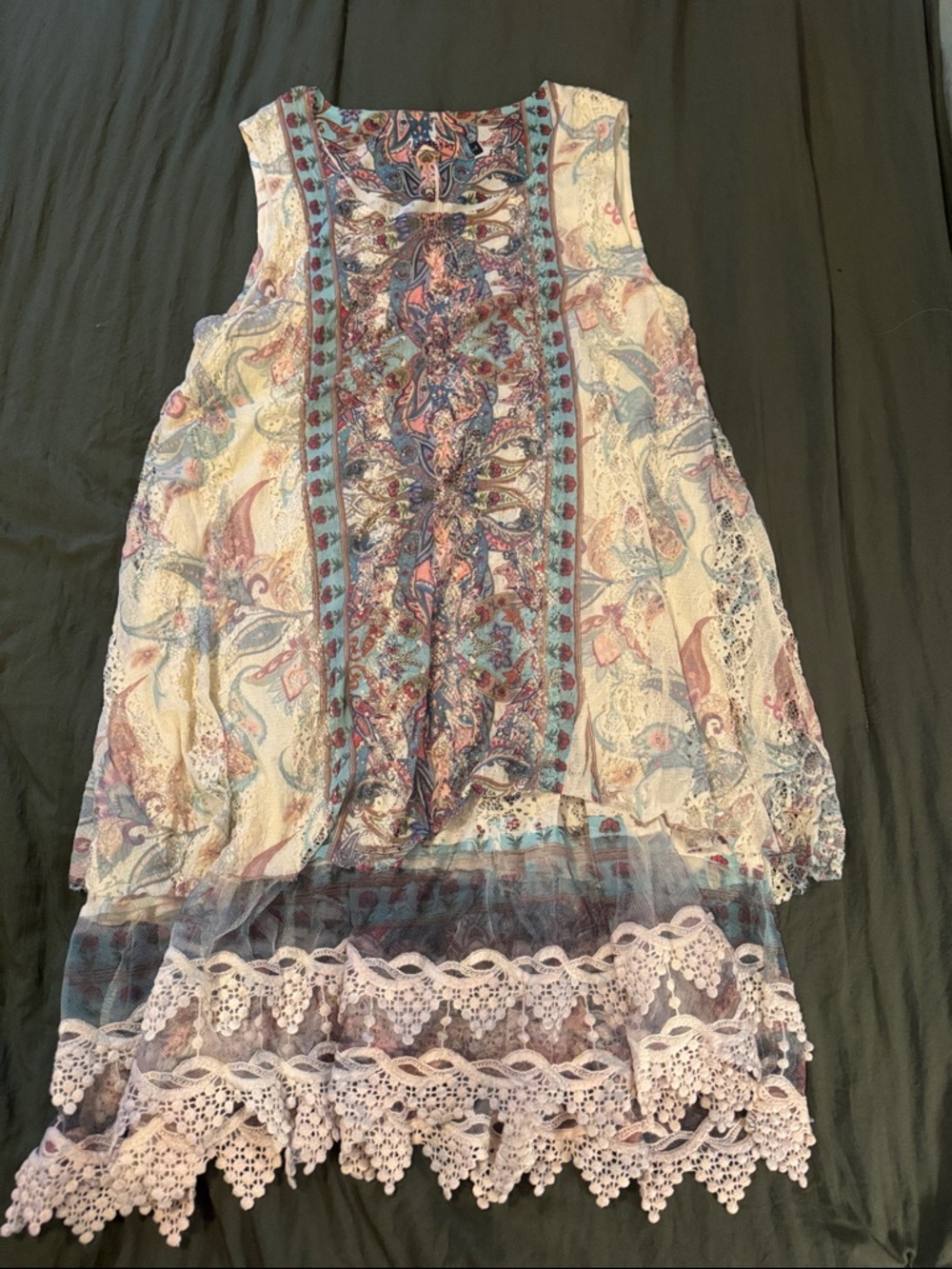 Boho Lace-Trim Sleeveless Dress in Pastel Paisley